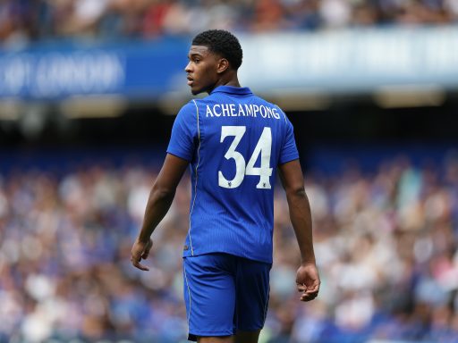 Josh Acheampong of Chelsea reacts during the pre-season friendly match between Chelsea and Real Sociedad at Stamford Bridge