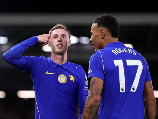Cole Palmer of Chelsea celebrates scoring his team’s third goal with teammate Morgan Rogers