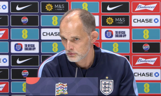 England manager Thomas Tuchel talks to the media.