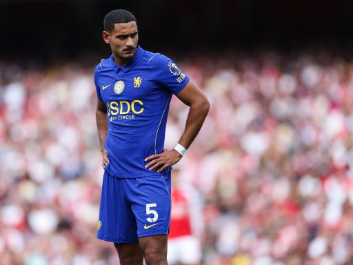 Macence Lacroix of Chelsea reacts during the Premier League 2026/27 match between Arsenal FC and Chelsea FC at Emirates Stadium
