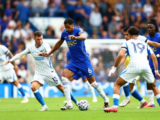 Levi Colwill of Chelsea is challenged by Pascal Gross of Brighton