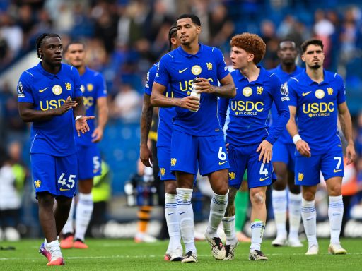 Chelsea players including Romeo Lavia, Levi Colwill and Valentin Barco look on