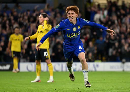 Valentin Barco of Chelsea celebrates scoring his team’s fifth goal during the Carabao Cup Third Round match between Chelsea and Leeds United at Stamford Bridge