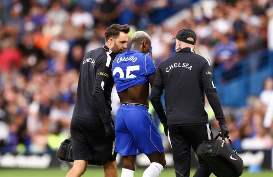 Moises Caicedo of Chelsea has to go off shortly after being substituted on due to injury